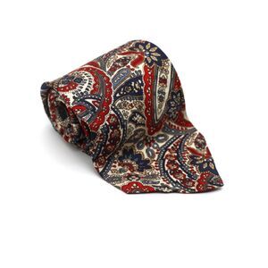 Vintage Imported Silk Paisley Necktie – Dark Blue with Red
